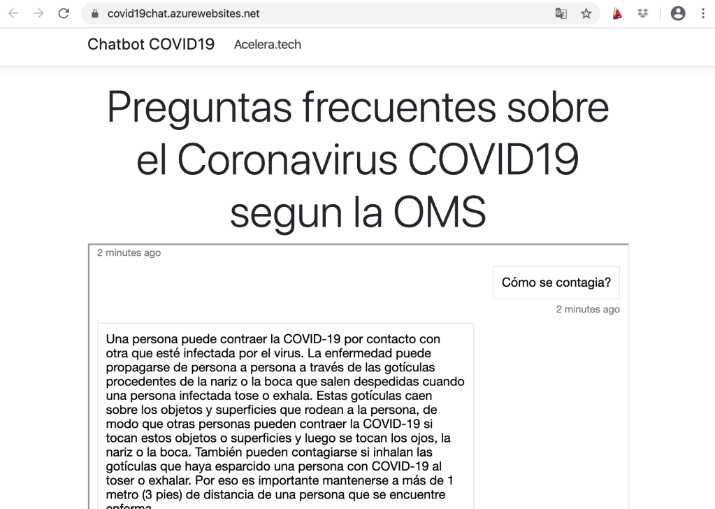 Chatbot preguntas frecuentes sobre el Coronavirus COVID19